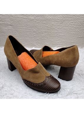 Aerosoles Heel Rest Boxwood Tan Suede Leather Brown Wingtip Cap Toe Heel Shoe